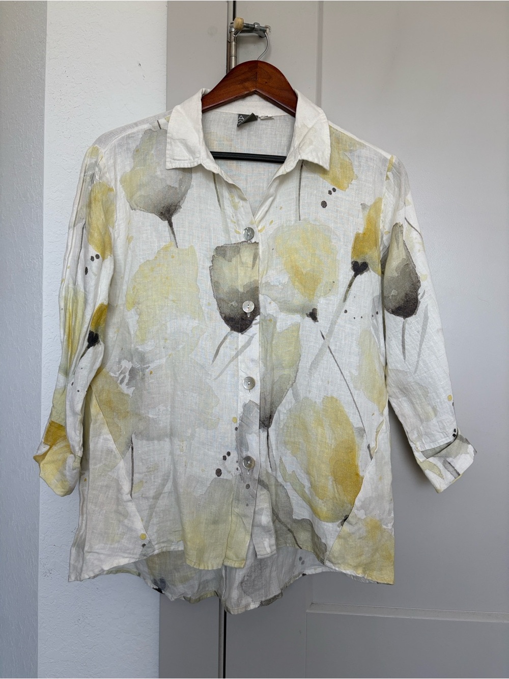 ART BY DOLCEZZA WHITE FLORER LINEN BLOUSE WOMENS SMALL